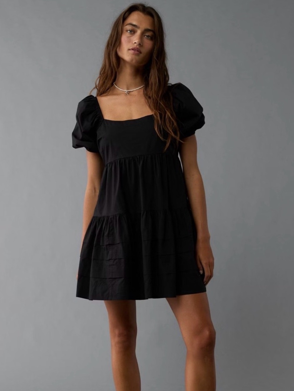 American Eagle Black Puff Sleeve Tiered Babydoll Mini Dress Backless XL